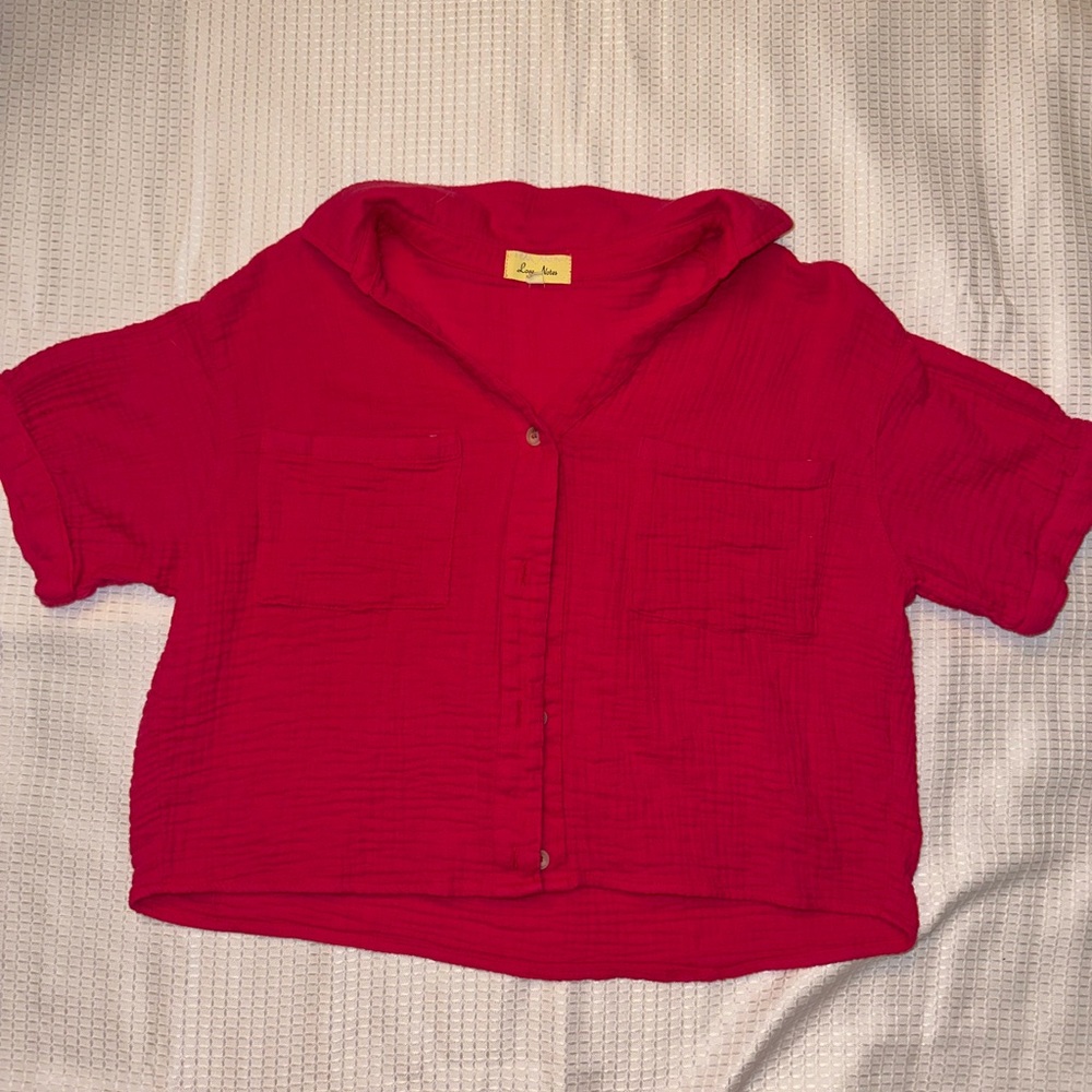hot pink cropped linen button up